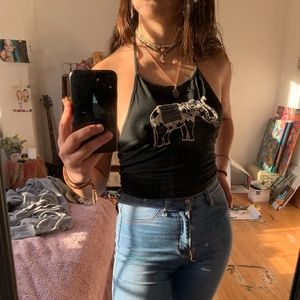 black elephant embroidered halter top